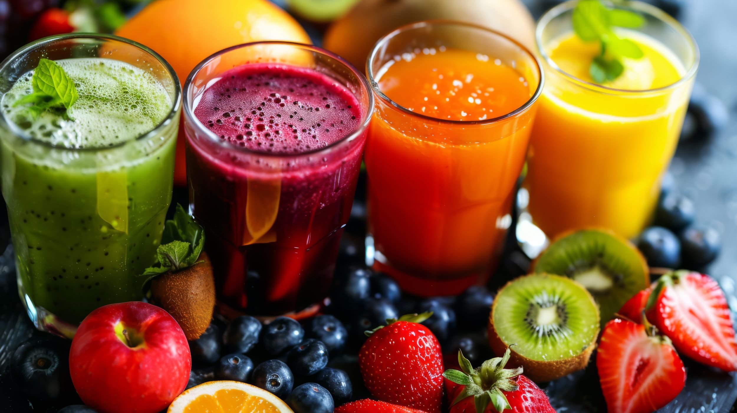 Four colourful glasses of juice surrounded by fruits