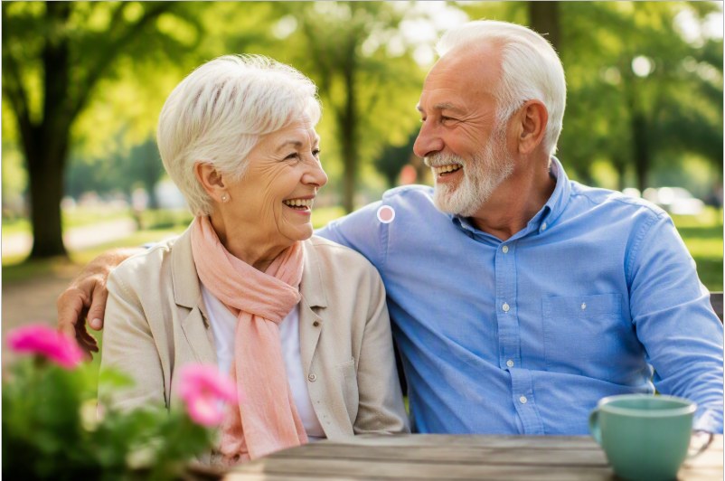 Two people sat outdoors 
