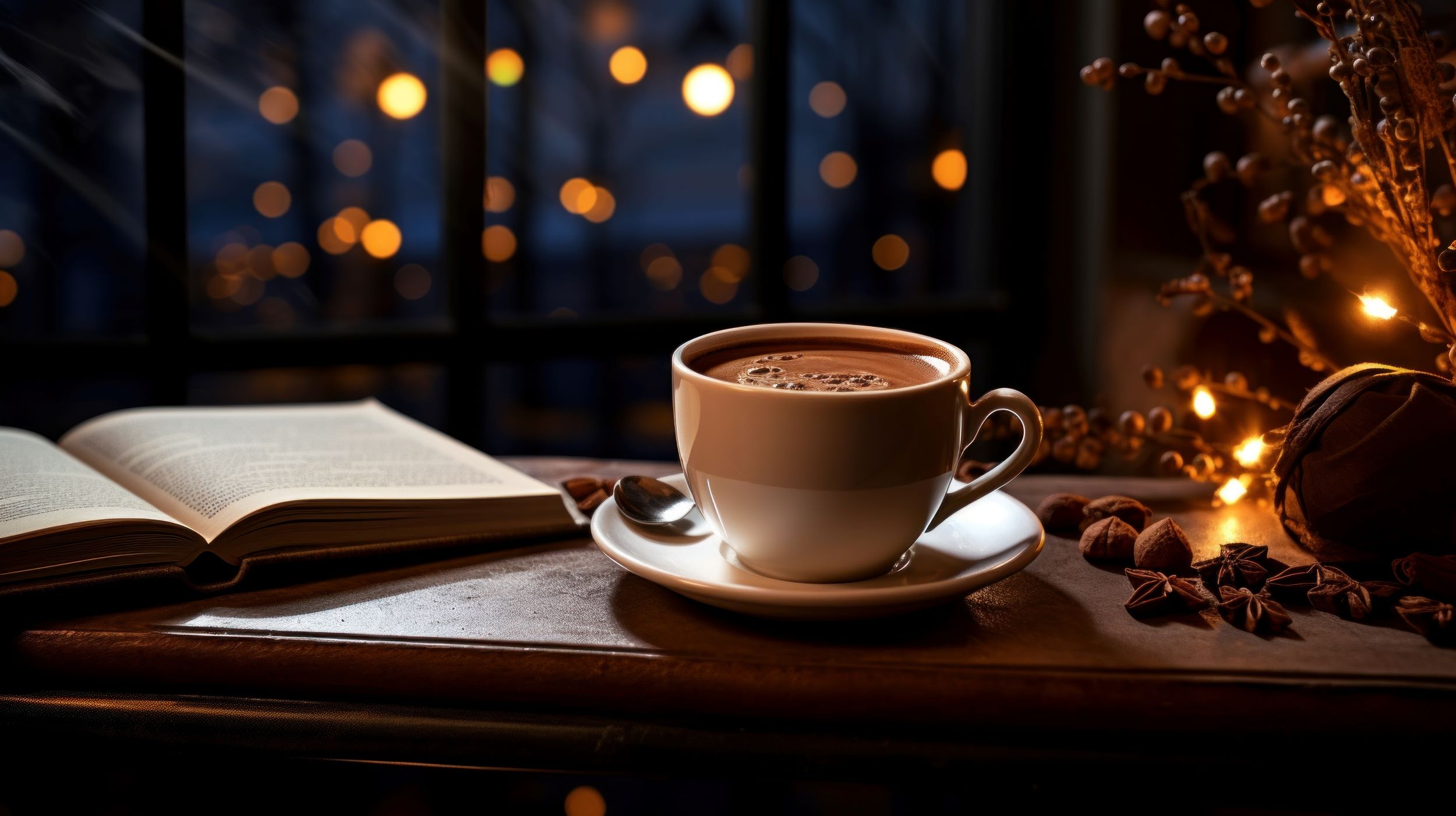 A mug holding a warming drink, a book open on a table and soft fairy lights surrounding the image